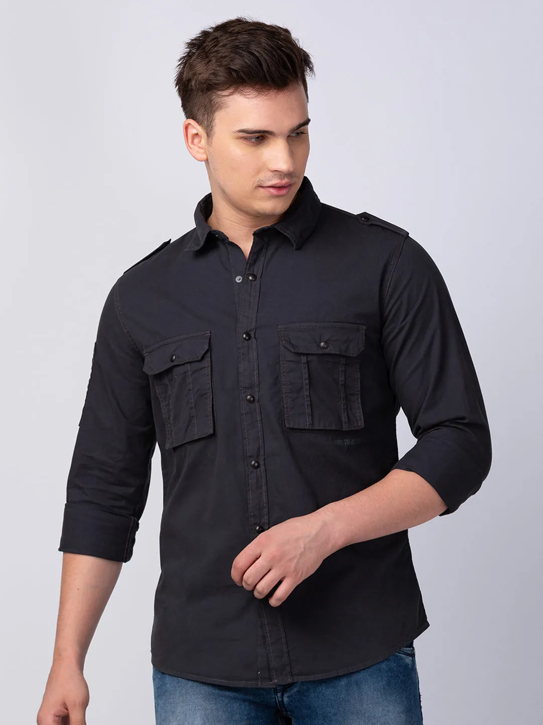 Spykar Men Charcoal Grey Cotton Regular Slim Fit Plain Shirt