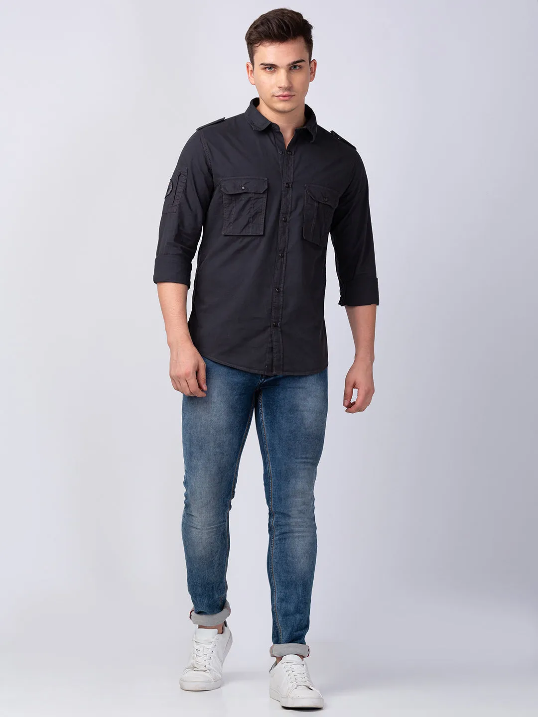 Spykar Men Charcoal Grey Cotton Regular Slim Fit Plain Shirt