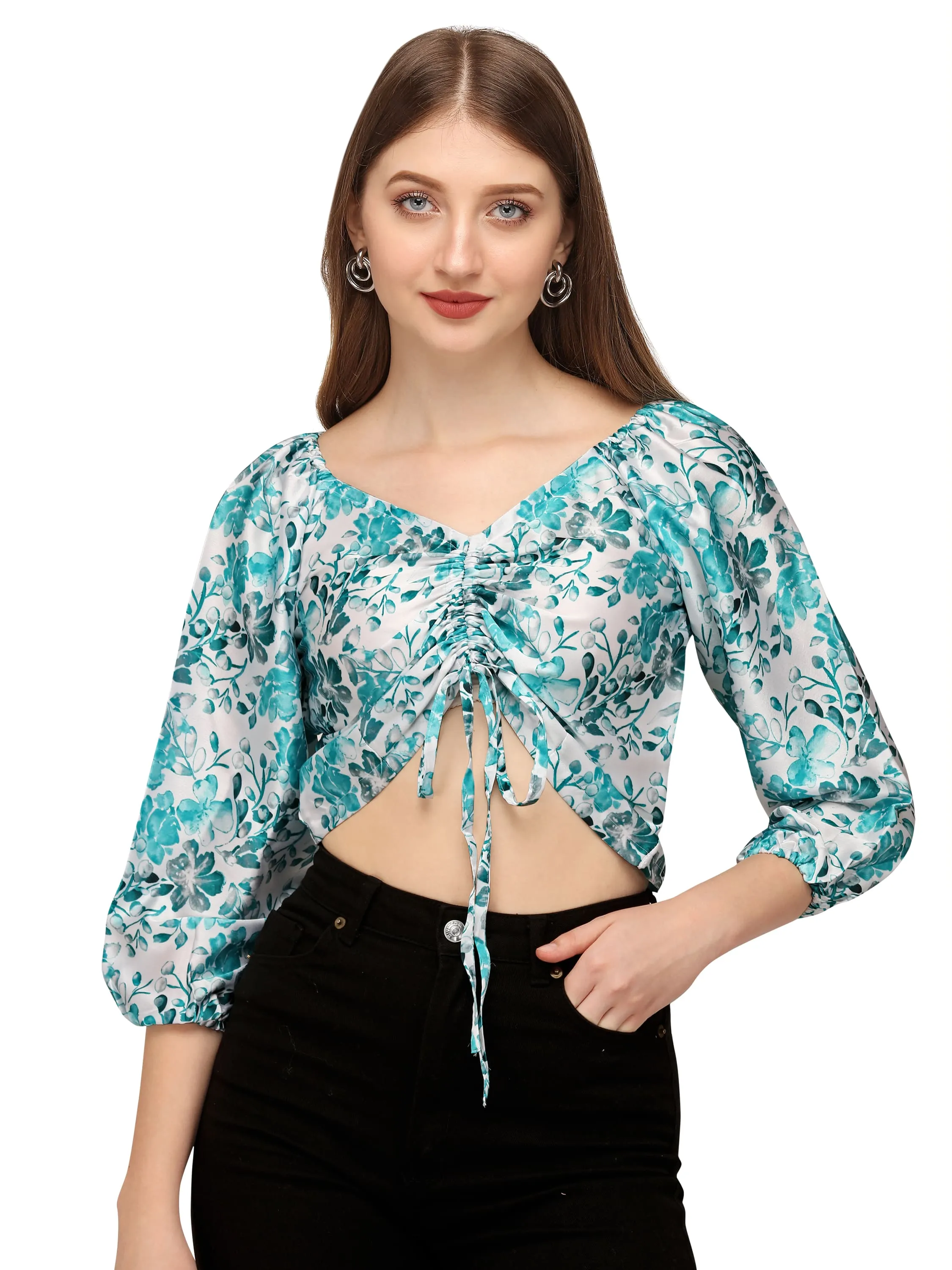 SXV Green Drawstring with Leaves Print Crop Top | satin Tops for Women | Women tops Leaves Print with adjustable dori