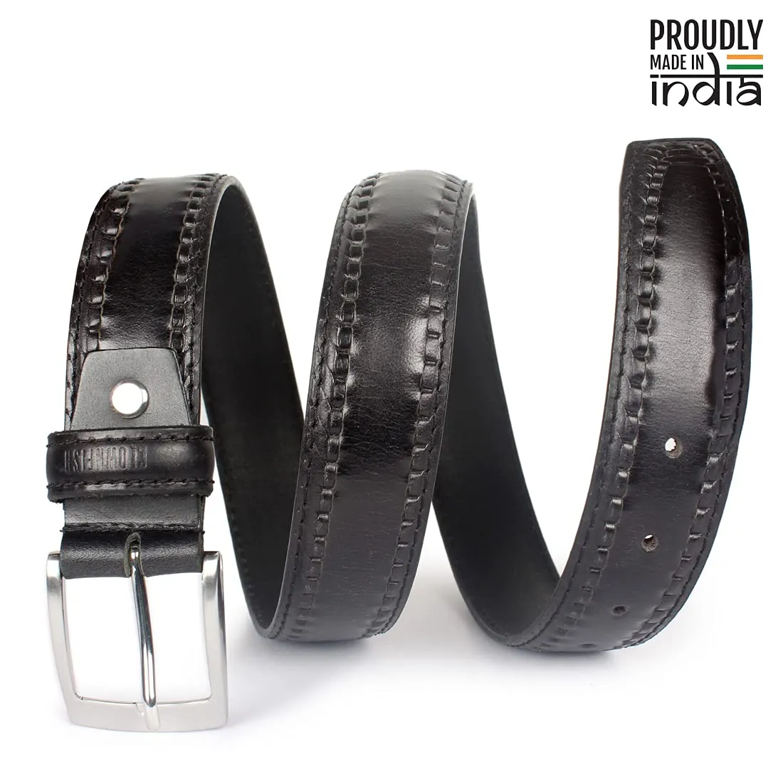 THE CLOWNFISH Men's Genuine Leather Belt with Embossed Design - Charcoal Black (Size - 36 inches)