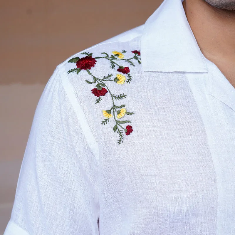 White Linen Half Sleeves Shirt | Embroidered | Floral