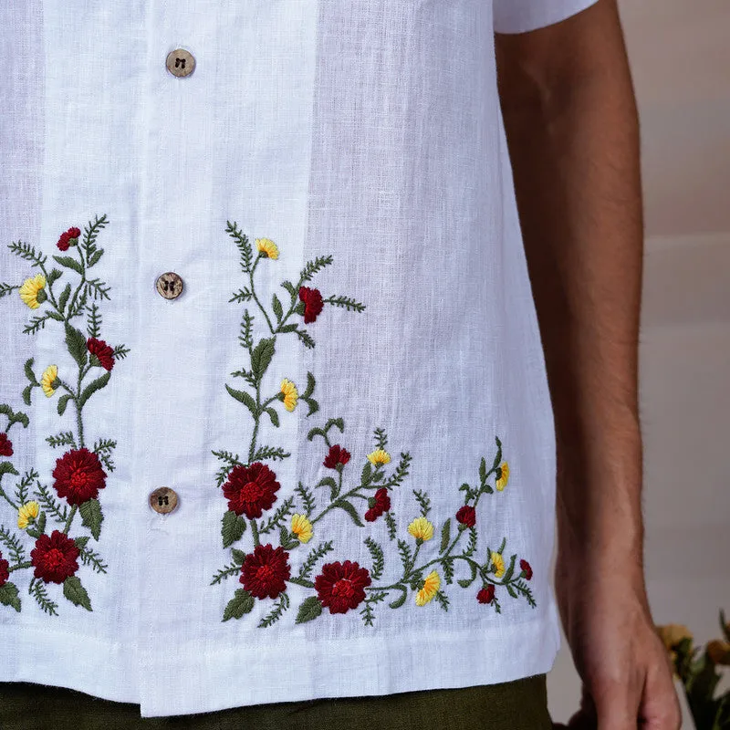 White Linen Half Sleeves Shirt | Embroidered | Floral