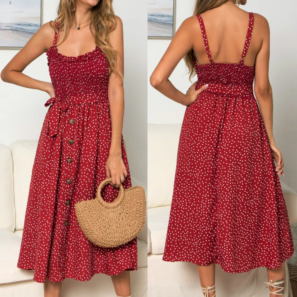 Women Spaghetti Straps Polka Dot Maxi Dress