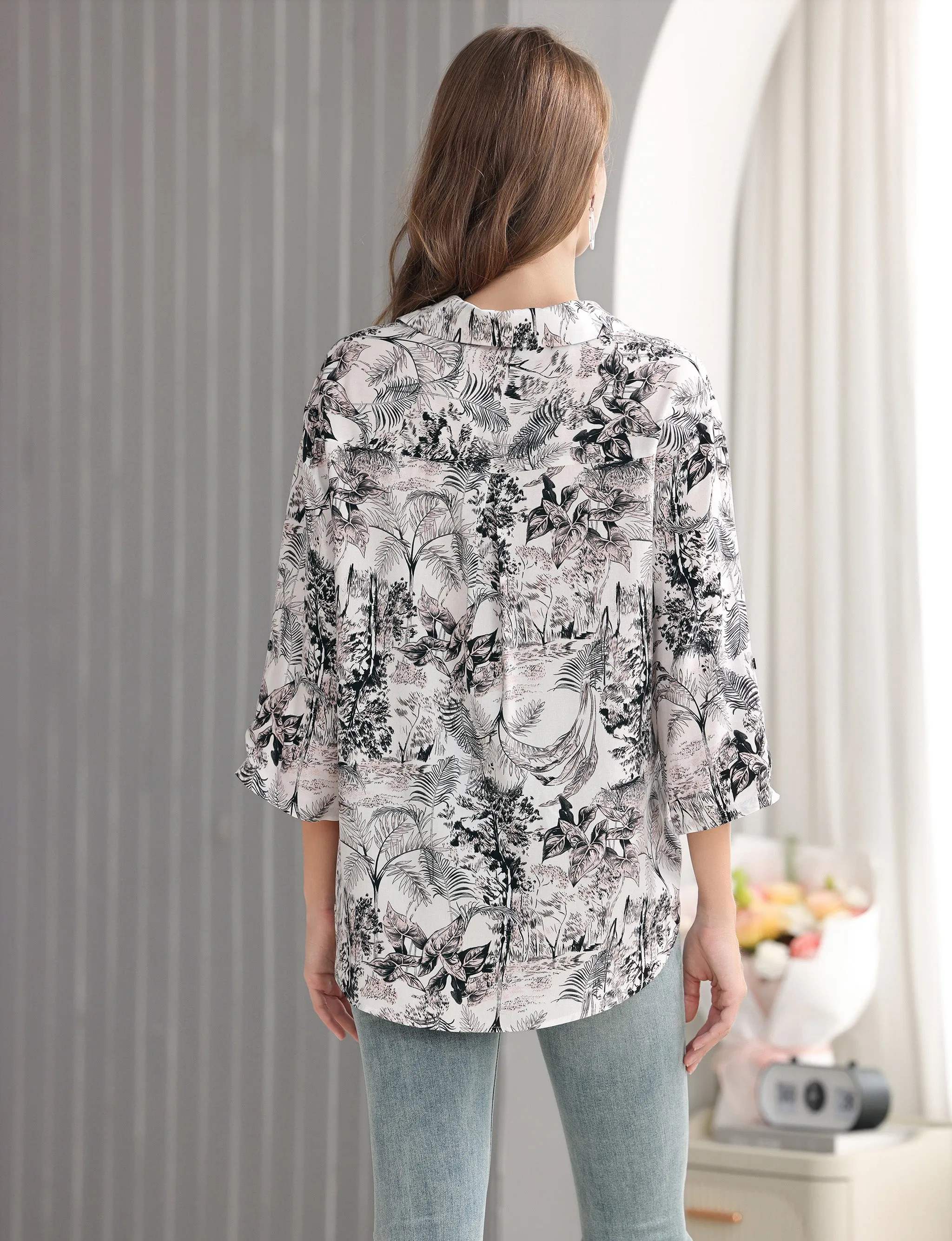 Women's Floral Printed Button Down Shirt with 3/4 Sleeves