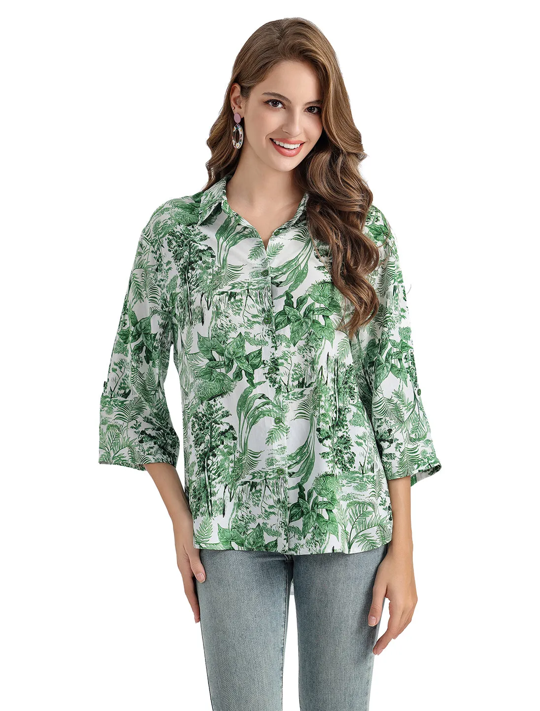 Women's Floral Printed Button Down Shirt with 3/4 Sleeves