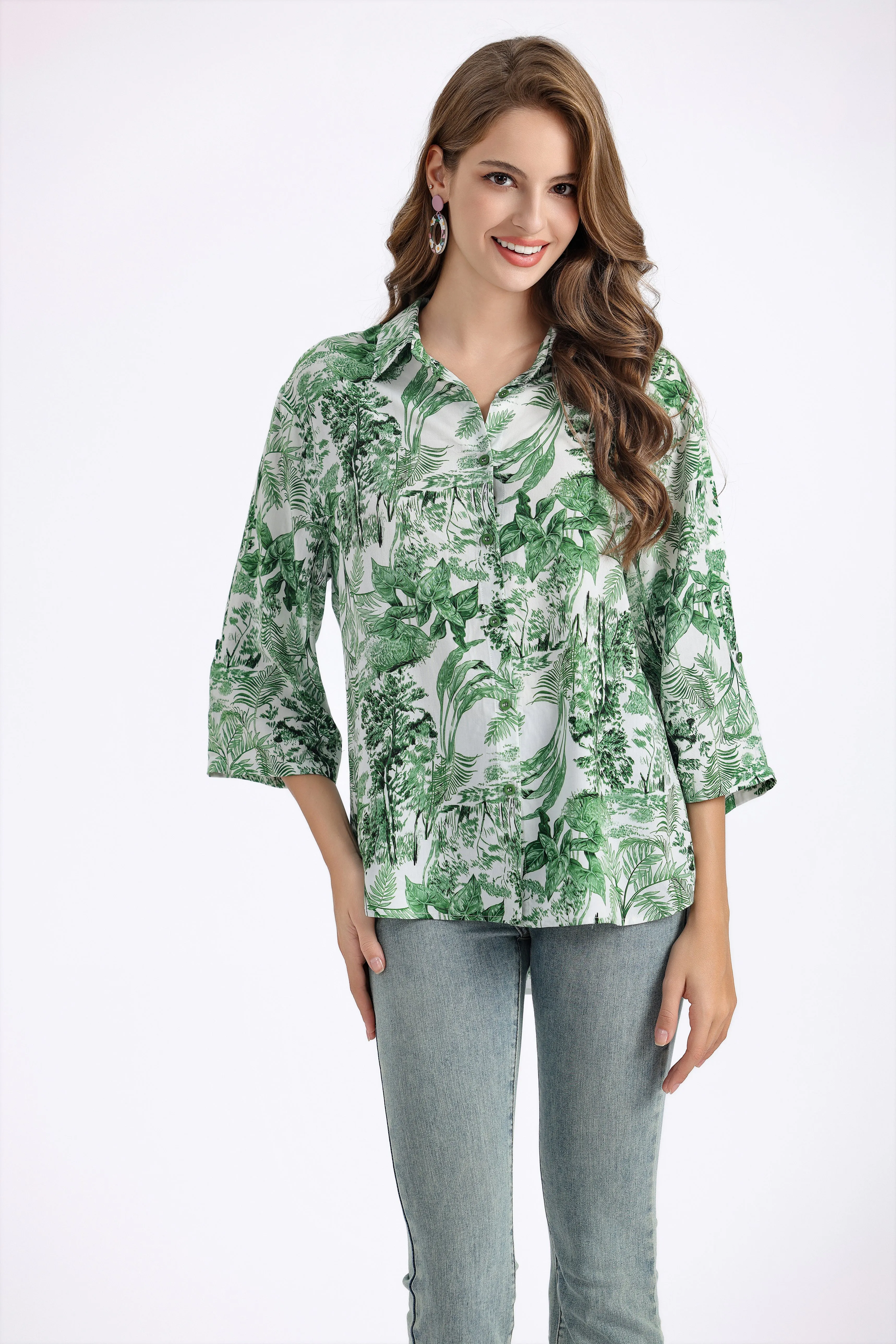 Women's Floral Printed Button Down Shirt with 3/4 Sleeves