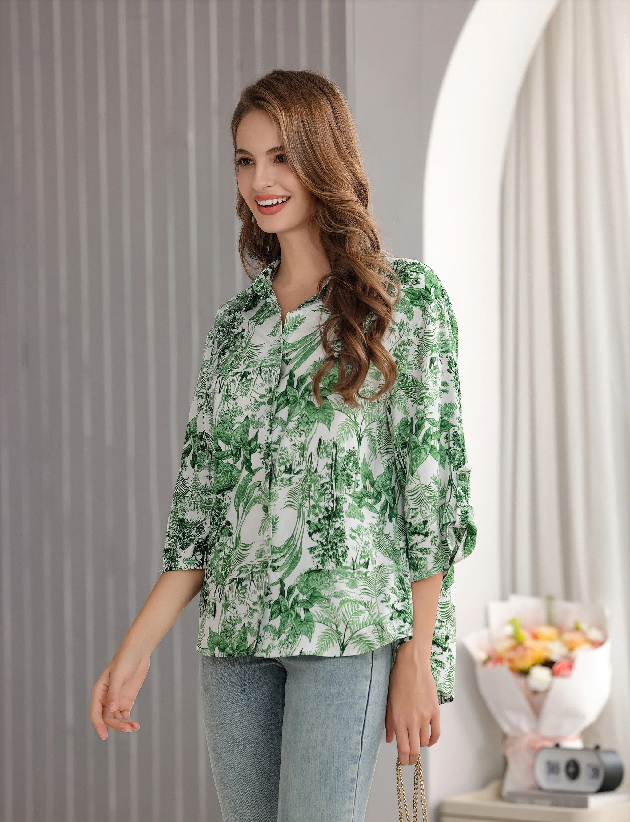 Women's Floral Printed Button Down Shirt with 3/4 Sleeves