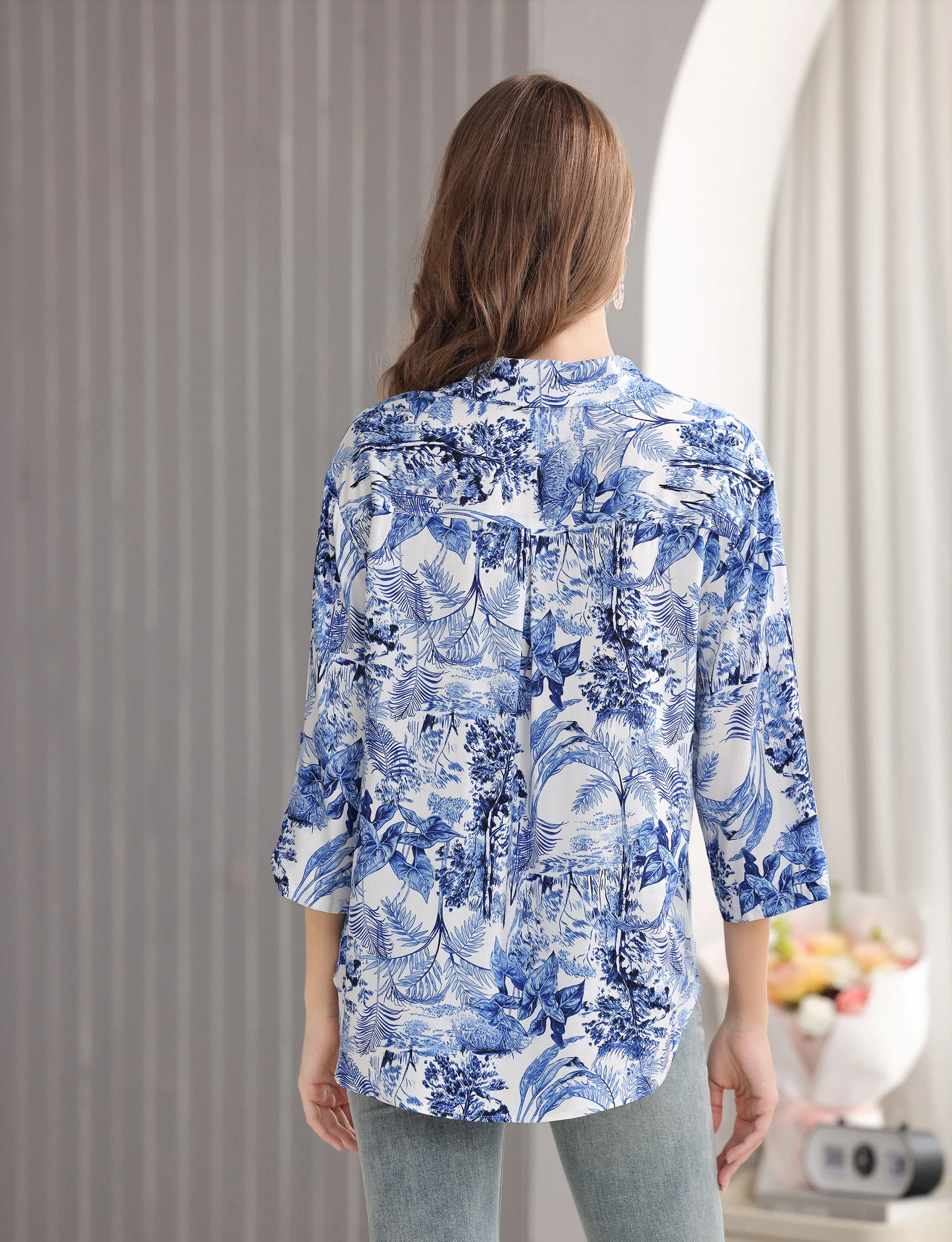 Women's Floral Printed Button Down Shirt with 3/4 Sleeves