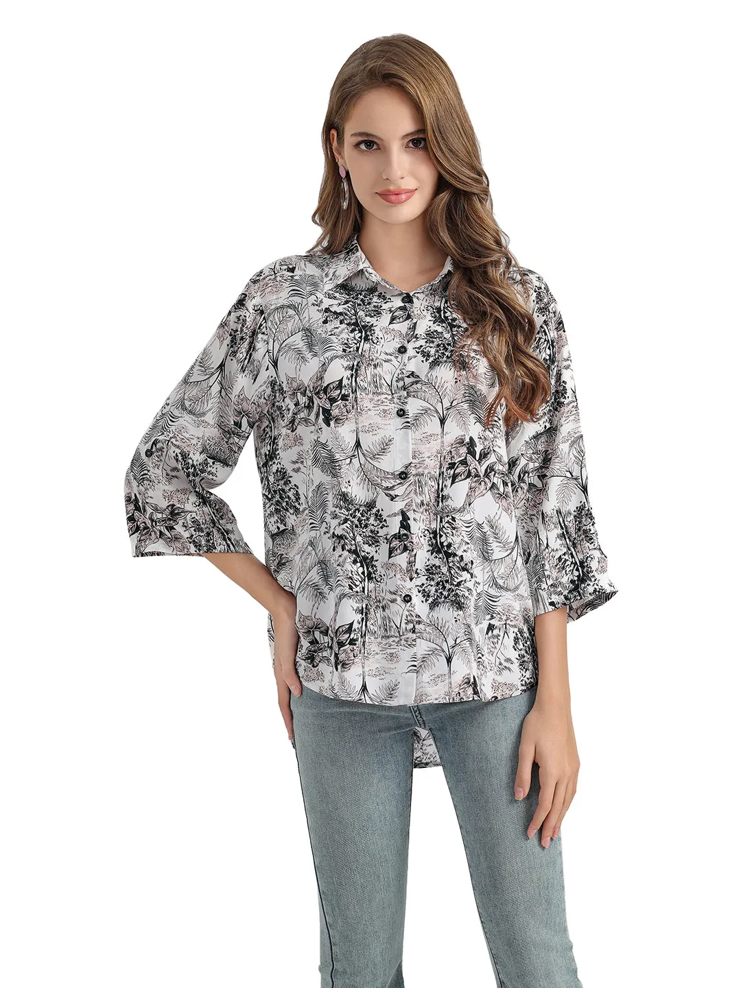 Women's Floral Printed Button Down Shirt with 3/4 Sleeves