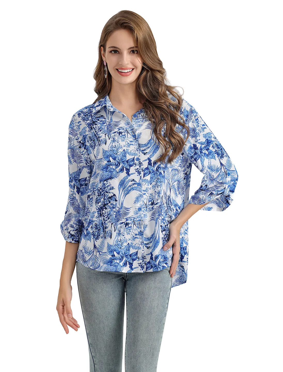 Women's Floral Printed Button Down Shirt with 3/4 Sleeves