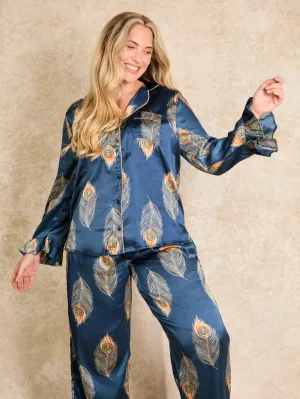 Womens Satin Frill Pyjamas Navy Gold Peacock Feather