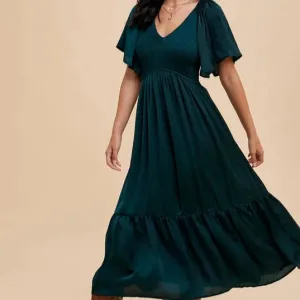 Women's Smocked Satin Midi Dress in Emerald