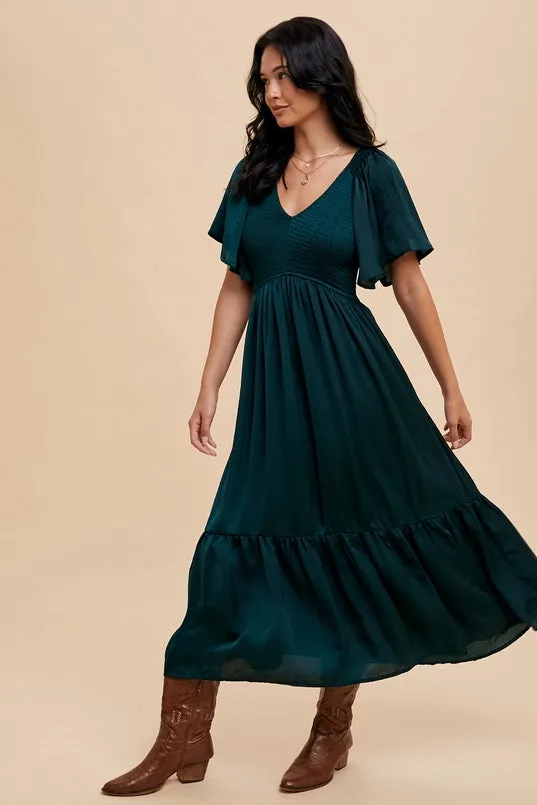 Women's Smocked Satin Midi Dress in Emerald